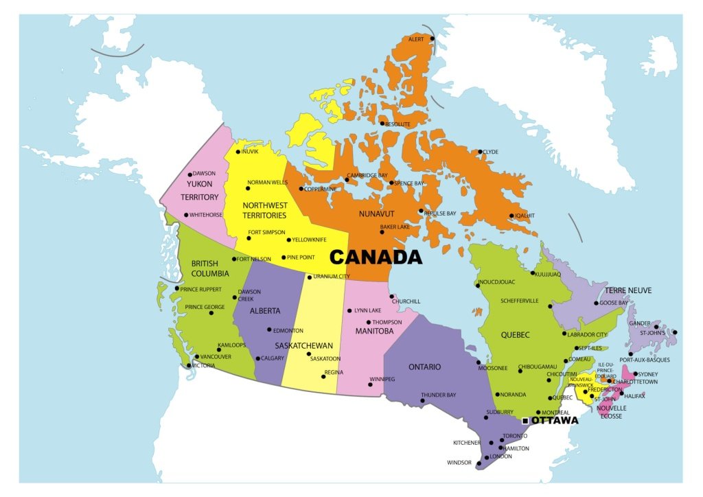 Map of Canada showing provinces and major cities